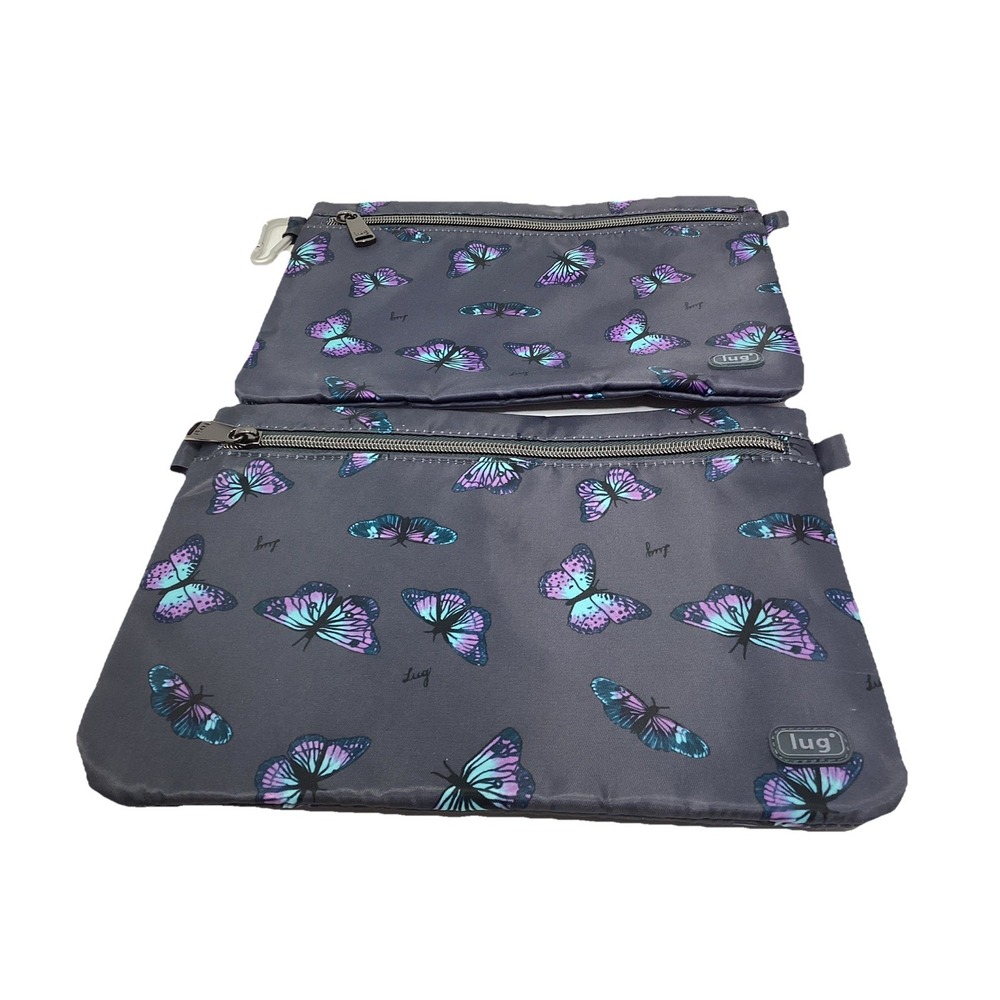 Lug Parasail Cosmetic Makeup Lined Bag Butterfly Grey Travel Zip Pouch 10.5x7.5